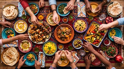 Fototapeta premium Group of friends sharing a mediterranean feast dinner party table overhead view