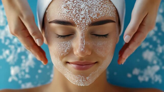 Hands gently apply white face mask to closed eyes. Soft blue backdrop enhances tranquil spa moment. Mouth curves slightly, showing serene satisfaction. Texture of mask is visible against smooth skin