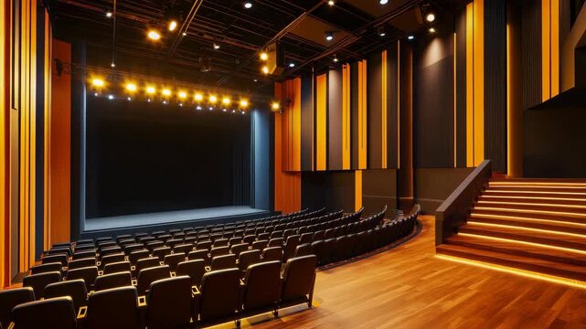 An empty theater hall during the day with stage lights on, showing rows of seats facing an illuminated stage area.