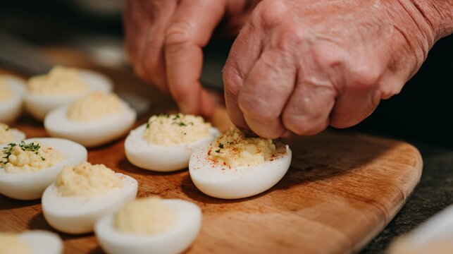 home cook preparing deviled eggs, hands in action, authentic lifestyle cooking photography