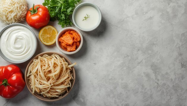 Ingredients for a Culinary Delight: A vibrant collection of fresh ingredients, including ripe tomatoes, zesty lemon, creamy yogurt, and more, are artfully arranged on a textured surface.