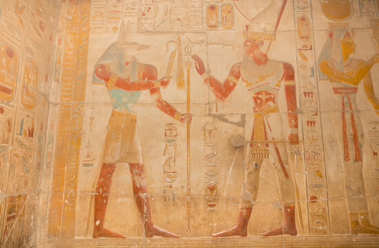 Abydos, Egypt, 13th century BC. Temple of Seti I (New Kingdom). Relief carvings on the walls of the temple.