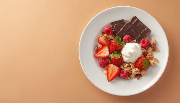 Delectable Berry Parfait: A vibrant parfait featuring fresh strawberries, raspberries, creamy yogurt, and crunchy granola, topped with a piece of dark chocolate, presented on a clean white plate.