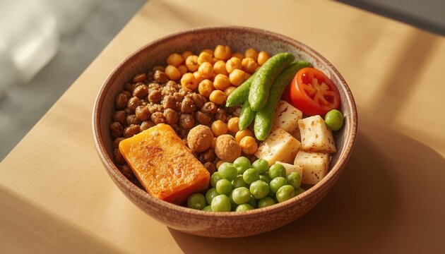 Vibrant Buddha Bowl: A healthy and colorful Buddha bowl brimming with a variety of nutritious ingredients, including chickpeas, edamame, peas, tofu, and tomato.