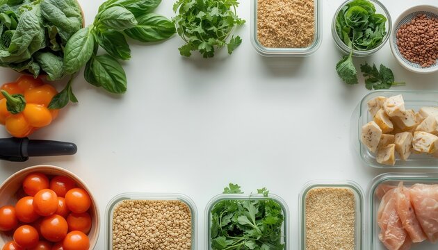 Fresh Ingredients for Healthy Meal Prep: A vibrant overhead view showcases an array of fresh, wholesome ingredients meticulously arranged for healthy meal preparation.