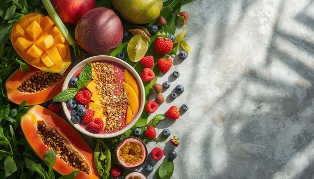 Vibrant Tropical Fruit Bowl: A colorful and refreshing bowl of smoothie topped with granola, surrounded by an assortment of exotic tropical fruits like papaya, mango, passionfruit, and berries.
