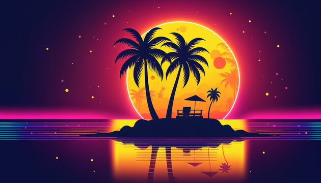 colorful retro synthwave evening landscape with two dark palm tree silhouettes an empty beach chair and an umbrella on a small island against a large glowing yellow sun