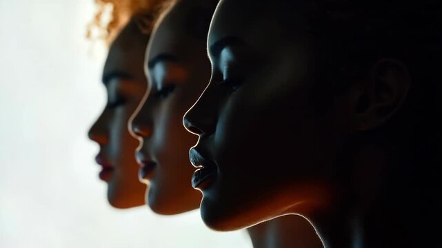 Silhouetted profiles of three women in soft, warm backlighting. Their faces aligned in a gentle, rhythmic row. Soft light accentuates facial contours and smooth skin