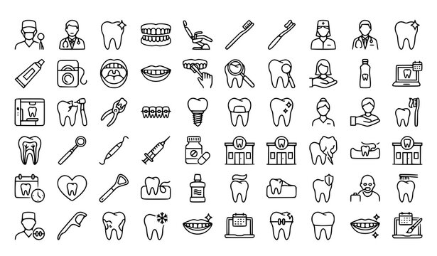 Dental care and dentistry outline icon set featuring teeth, toothbrushes, dental tools, toothpaste, braces, dentists, and oral hygiene