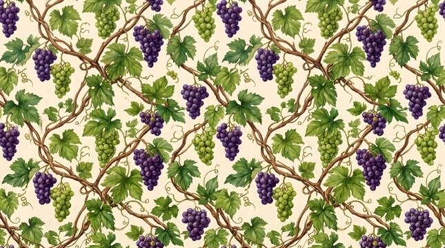 Seamless pattern with purple grape clusters and green vine leaves on a cream background