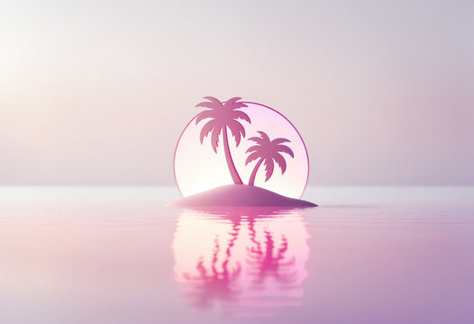 dark silhouette of two tall palm trees on a small smooth island with a large bright pink sun and a clear crisp reflection in still hazy purple water