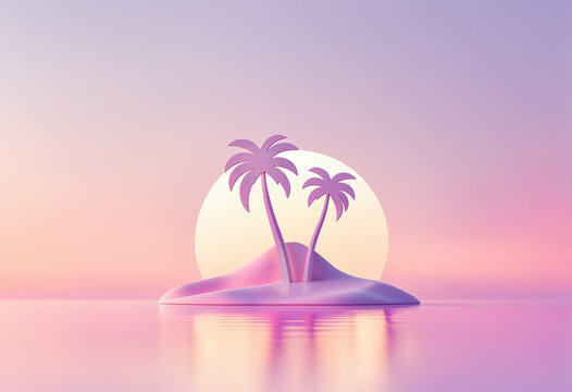 soft pastel scene of two bright purple palm trees on a smooth pink island with a large glowing white sun and a clear reflection in still bright pink water