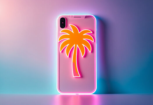 bright orange neon palm tree silhouette on a glowing pink stylized smartphone device standing upright against a smooth soft blue and pink gradient surface