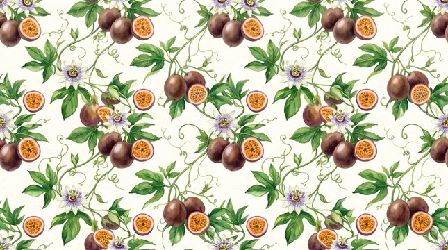 Seamless pattern of passion fruits with curling vines and flowers on white background