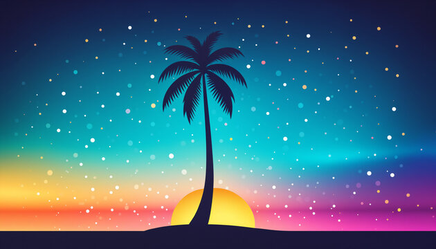 single dark palm tree silhouette on a flat island against a colorful gradient evening sky filled with many bright floating starry dots and a large setting yellow sun