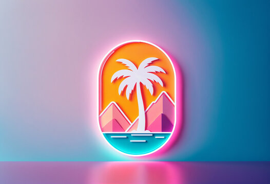 bright stylized glowing neon sign shaped like a rounded rectangle framing a white palm tree silhouette with geometric pink mountains and teal water waves against a smooth gradient surface