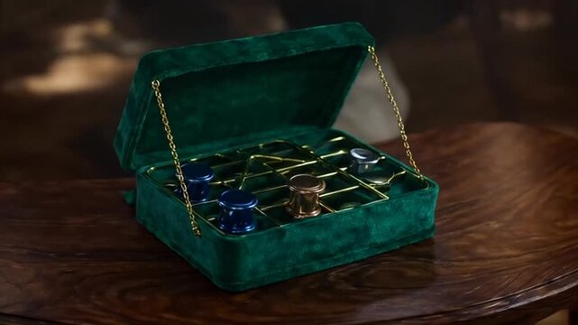 Vintage Green Velvet Jewelry Box with Ornate Gold Accents on Wooden Table.