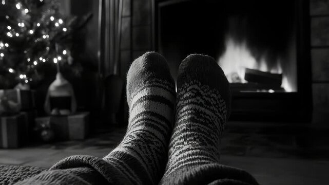 Person's feet relaxing in warm socks with a lit fireplace in background.