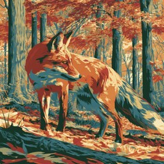 Naklejka premium A fox stands gracefully in an autumn forest with colorful leaves. The scene captures the essence of wildlife in a vintage style.
