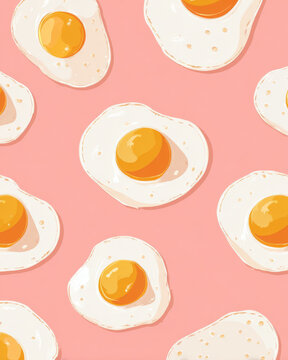 Fried egg seamless pattern with bright yellow yolk and white cooked egg on soft pink background, cheerful breakfast food illustration