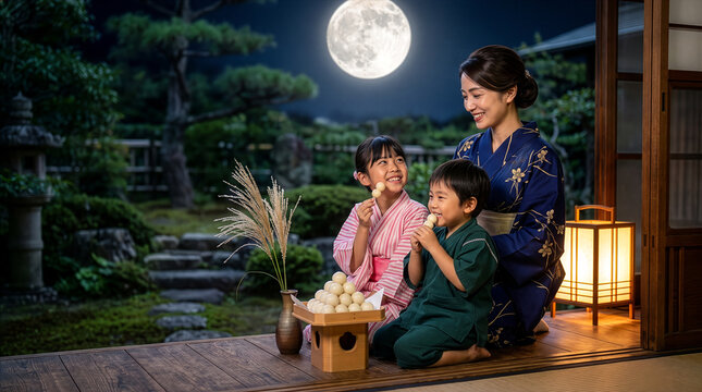 満月の夜に古民家の縁側でお月見団子を食べながら過ごす着物姿の親子（十五夜・中秋の名月）