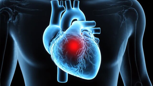 3D Medical Animation of Human Heart Showing Myocardial Infarction Damage with Glowing Red Area in Body Cavity