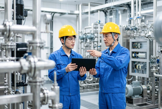 工場設備をタブレットで確認しながら若手技術者を指導するベテラン技術者
