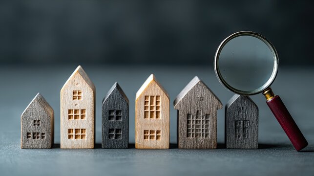 Colorful wooden miniature houses with magnifying glass, real estate search concept, property selection and home investment on simple grey background