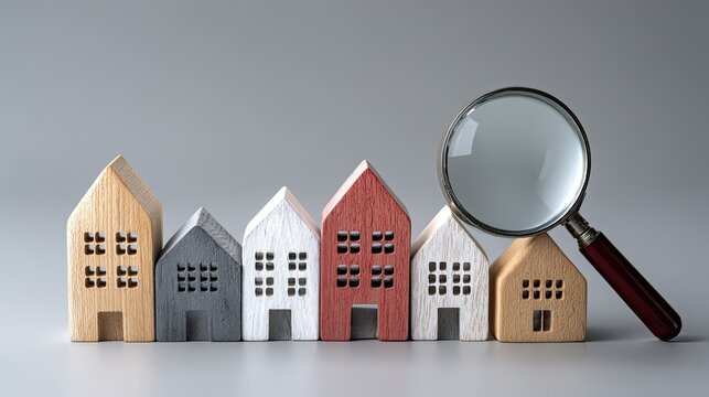Colorful wooden miniature houses with magnifying glass, real estate search concept, property selection and home investment on simple grey background
