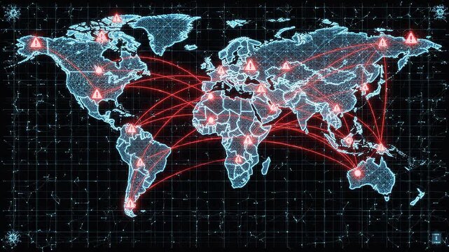 Digital Global Network Cyber Attack Visualization with Red Alert Icons and Data Connections on Dark Blue World Map