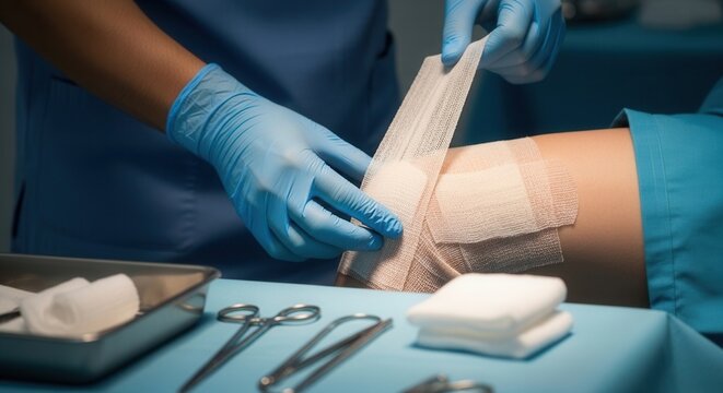 Nurse Applying Bandage to Patient's Leg During Medical Procedure