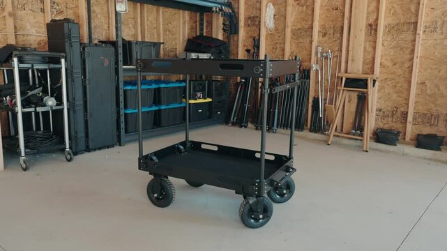 Slow zoom in on a large black camera cart inside a professional video studio with gear shelving visible in the background