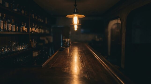 Dimly lit empty wooden bar counter with liquor bottles and warm vintage hanging light mood