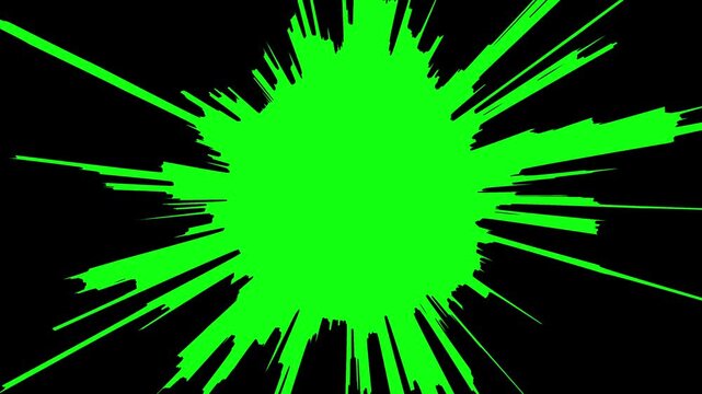 Video of abstract green radial rocky speedlines bursting from center on black background