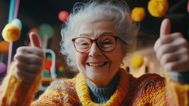 A joyful elderly lady with glasses gives a thumbs up gesture.