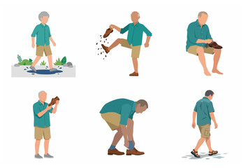 Senior man character set cleaning muddy shoes and putting on footwear, elderly lifestyle flat vector illustration