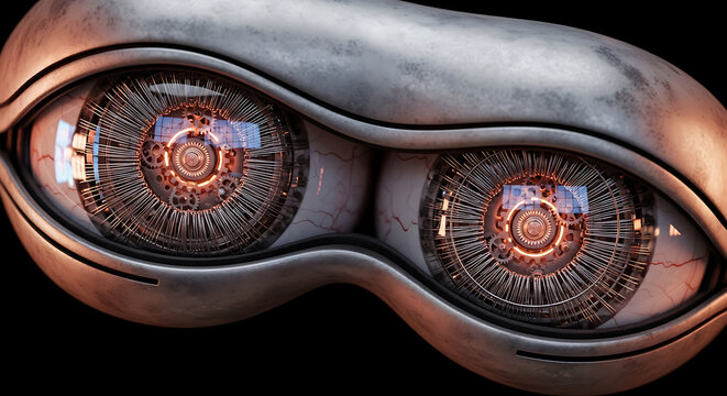 Detailed Robotic Eye with Intricate Mechanical Gears and Glowing Orange Lights