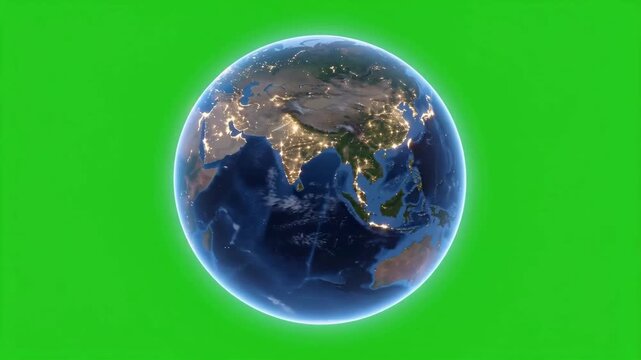 Glowing earth globe rotating slowly against a vibrant green screen
