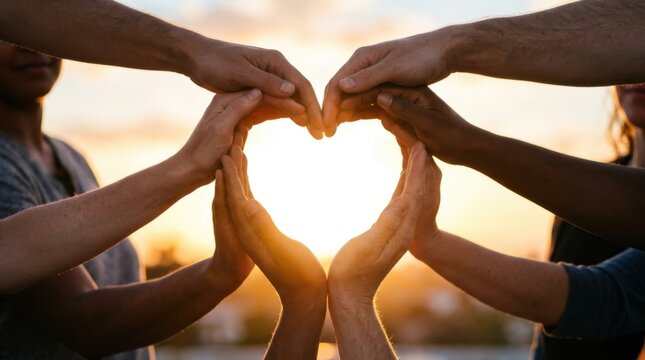 Diverse people hands together creating a heart symbol against a beautiful sunset sky representing love unity and hope in a community setting during the warm golden hour light of the evening time now..