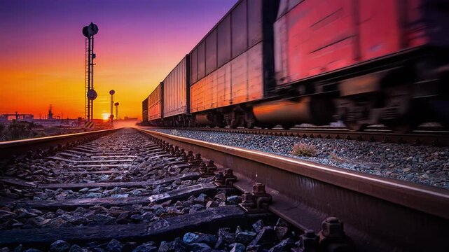 Speeding freight train rushing along tracks at sunset with vibrant purple and orange sky