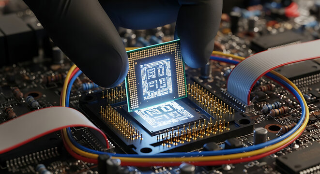 Installing Cpu Microprocessor into Computer Motherboard Socket Close Up