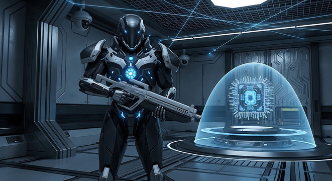 Futuristic Soldier Guards Advanced Ai Core in Secure Facility