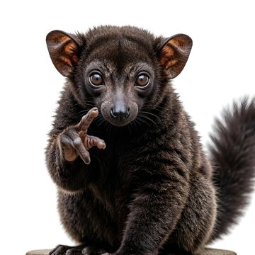 Aye-aye lemur Daubentonia madagascariensis close up portrait isolated on white background nocturnal Madagascar primate endangered species