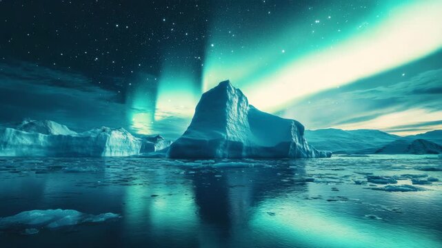 Glowing aurora dances above icy mountain and calm sea. Stars blink above frozen landscape under ethereal green light. Silent icebergs reflect vibrant sky in still, deep waters