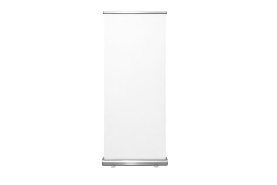 Minimal white retractable banner stand mockup, blank roll-up display for trade show branding, clean studio product photo