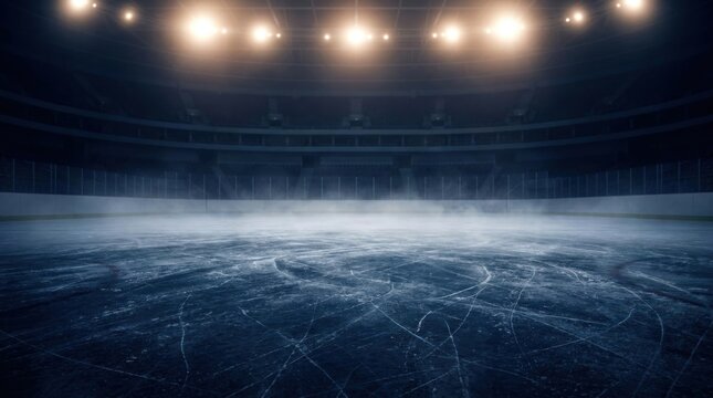 Empty Frozen Ice Hockey Rink Surface Under Bright Spotlight In Arena