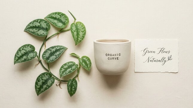 Minimalist top view of Scindapsus pictus vine with silver variegation beside a white ceramic pot labeled organic curve and a handwritten note card on beige background for home decor