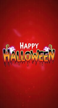 Happy Halloween text with dripping effect and ghost illustrations on a red background.