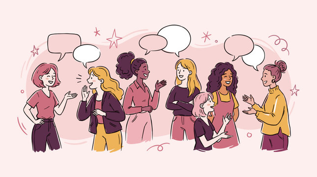 Diverse group of women communicating with speech bubbles in a friendly conversation