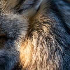 Naklejka premium Close look at the texture of fox fur under warm light, showing soft details and colors. This captures the beauty of nature up close.
